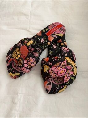 LA DOUBLE J Black Floral Velcro Slide Mules with Pink and Yellow Accents SZ 37
